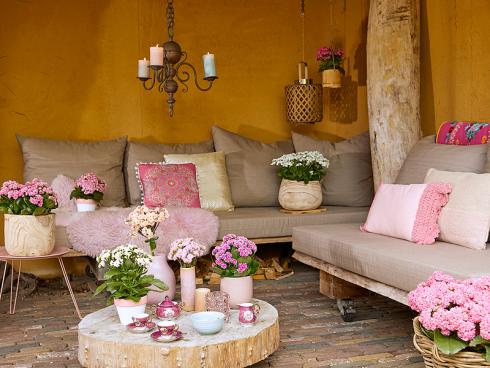 Foto: GPP. - Möchte man ein rustikales Ambiente auflockern, bieten sich Kalanchoë in Pastelltönen an. Sie sorgen für helle Lichtreflexe zwischen groben Naturmaterialien, wie Holz.