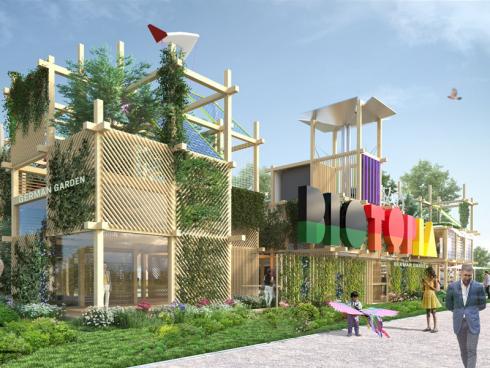 Bild floriade.com: Der Pavillon des Deutschen Gartens besteht aus einer bis zu zweistöckigen, kubistisch anmutenden Holzkonstruktion, die vielerorts durchgängig ist. F¸r eine nachhaltige Energiegewinnung wurden modernste Solarpaneele und Windkraftturbinen verbaut. 