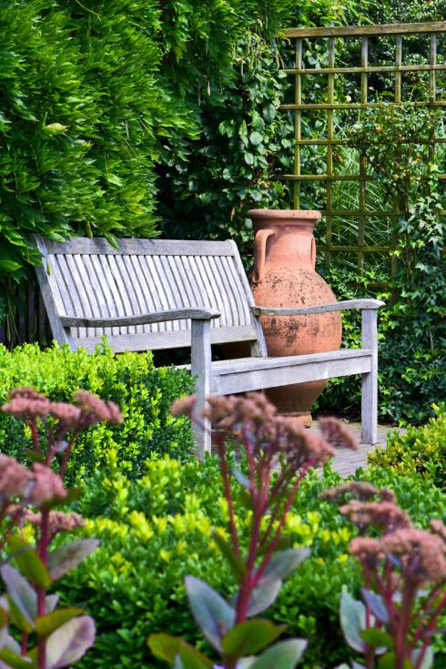 Bild Appeltern: Ein privater Rückzugsort im Garten ist goldwert. Hier schaffen verschiedene Kletterpflanzen wie Blauregen und Efeu einen Sichtschutz, während niedrigere Gewächse wie Buchs, Ziergräser und Fetthenne einen ruhigen Raum innerhalb des Grundstücks schaffen.