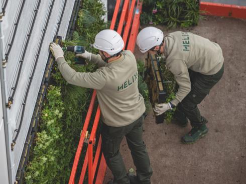 Bild Helix: Da für die Unterkonstruktion Trägerschienen aus verzinktem Stahl an die Wand angebracht werden, ist 'Helix Biomura' vergleichbar mit einer vorgehängten, hinterlüfteten Fassade. Die bedarfsgerechte Nährstoff- und Wasserversorgung der Pflanzen wird durch eine integrierte, smarte Technik gewährleistet. 