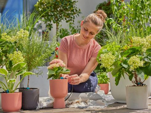 Bild Gardena:  Die sparsame, tropfgenaue Bewässerung der Pflanzen in Töpfen und Beeten ist für Gartenfreunde mit dem überarbeiteten Micro-Drip-System nun noch leichter umzusetzen.